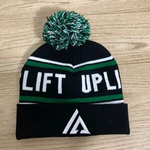 Unbranded LIFT UPLIFT Beanie Hat Unisex OS Black Green Pom Pom Athletic GYM